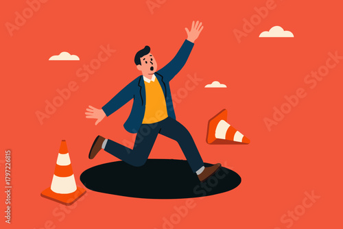 businessman fell into a hole because he was walking while using AR VR headset technology, augmented and virtual reality technology impact illustration, negative impact from AR VR technology