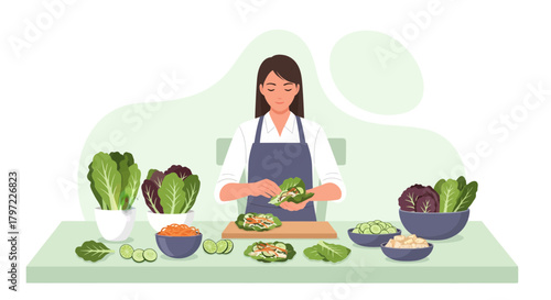 Woman Expertly Prepares Fresh Salad Wraps With Diverse And Colorful Vegetables