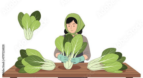 Woman Expertly Arranges Fresh Bok Choy Displayed Beautifully on Wooden Surface