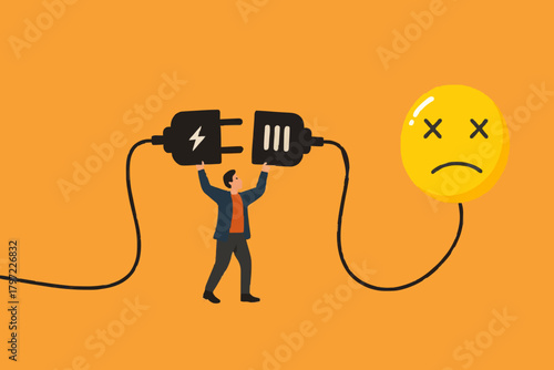 overworked or stressed at work, refresh or recover after tired at work, re charge yourself, restore enthusiasm for work, recharge mood, businessman connect plug with bad mood icon to power socket