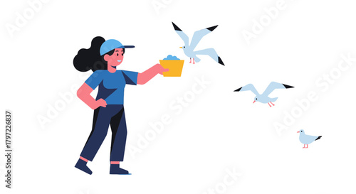 Woman Feeding Seagulls, Artistic Depiction of Interaction in a Dark Setting
