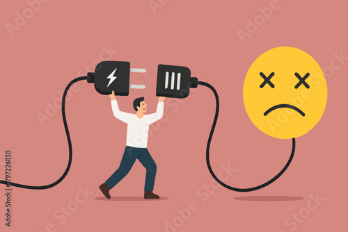 overworked or stressed at work, refresh or recover after tired at work, re charge yourself, restore enthusiasm for work, recharge mood, businessman connect plug with bad mood icon to power socket