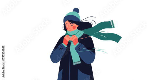 Woman Bundled In Warm Layers Against The Chill Of Cold Winter Weather, Isolated