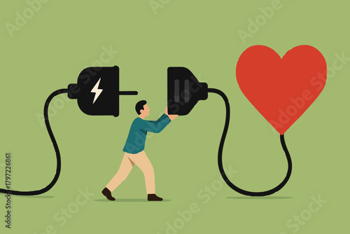 passion for work, mindset or attitude to work according to our talents and interests, businessman work with heart, businessman connect plug with heart to power socket concept vector illustration