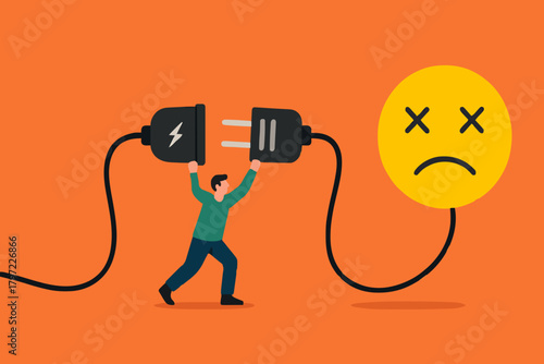 overworked or stressed at work, refresh or recover after tired at work, re charge yourself, restore enthusiasm for work, recharge mood, businessman connect plug with bad mood icon to power socket