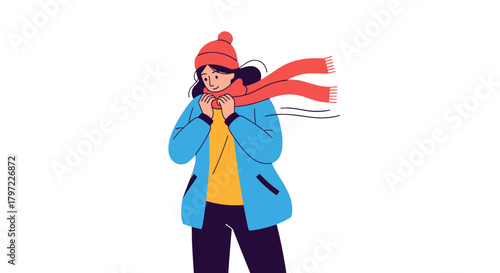 Woman Bundled Up In Warm Clothing Against Black Backdrop, Ready For Winter Season