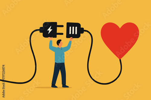 passion for work, mindset or attitude to work according to our talents and interests, businessman work with heart, businessman connect plug with heart to power socket concept vector illustration