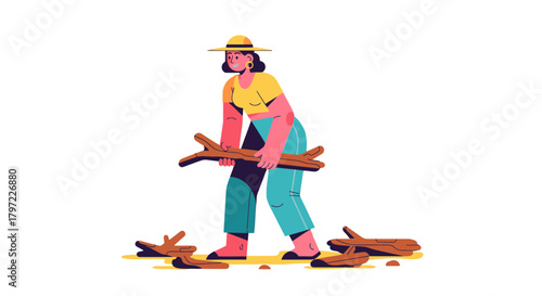 Woman Gathering Firewood In An Illustrative Style, Vector Illustration on Black Background