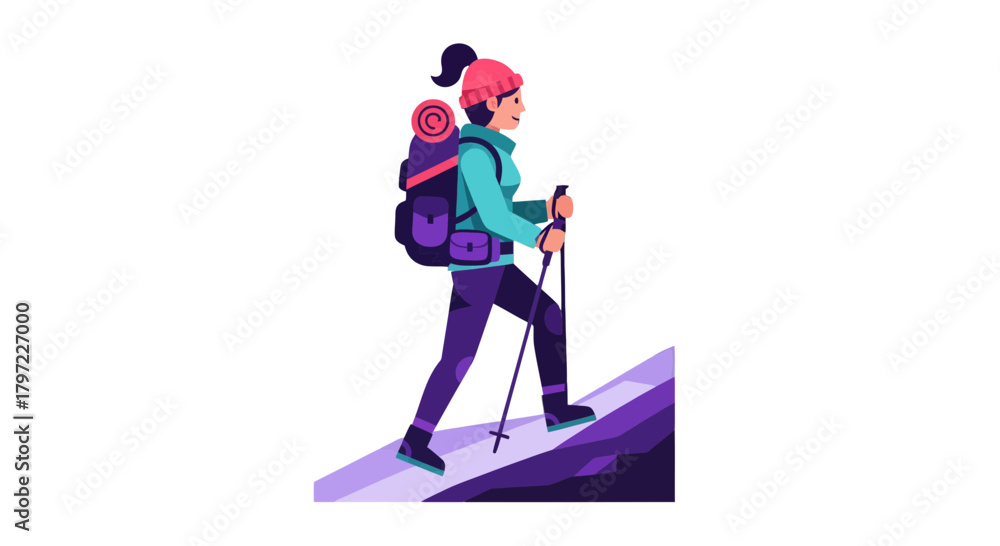 Fototapeta premium Woman Hiker Climbing Mountain Illustrated With Backpack And Walking Poles Exploring Outdoors