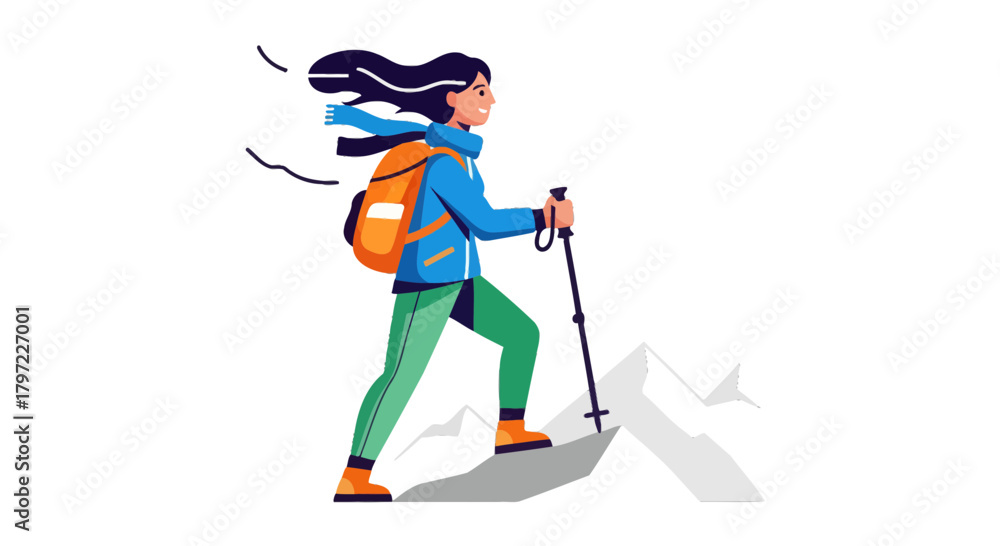 Fototapeta premium Woman Hiker Climbing Mountain Peaks Enjoying Adventure in Nature with Backpacking Gear