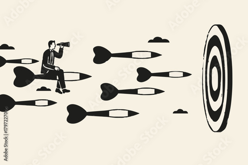 business or marketing target strategy, aim the target audience, introduce products or promotions to the right target audience, businessman control dart with megaphone to reach perfect target