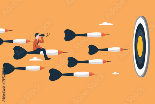 business or marketing target strategy, aim the target audience, introduce products or promotions to the right target audience, businessman control dart with megaphone to reach perfect target