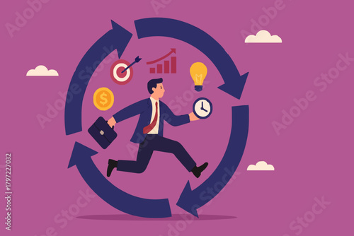 habitual procedures leading to business or career success, discipline or working efficiency, businesswoman carry out work with a circle of good work habit