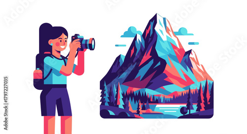 Woman Capturing Stunning Mountain Scenery With Professional Photographic Equipment
