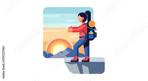 Woman Hiker Contemplating Sunrise While Looking At Landscape View Vector Illustration