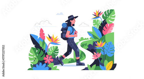 Woman Hiker's Adventure Amidst Vibrant Flora With Dark Background