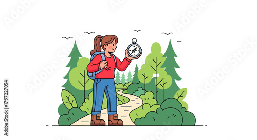 Woman Hiking Through Forest Holding Compass Seeking Direction In Nature Exploring Adventure