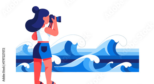 Woman Capturing Waves: A Vibrant Illustration of Coastal Exploration and Photography