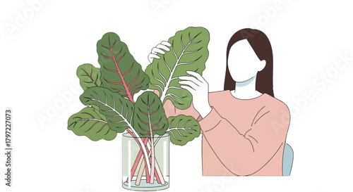 Woman Caressing Freshly Cut Chard Leafy Greens in a Vase Against a Black Backdrop