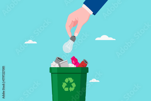 throw away old business ideas, Businessman's hand throws broken light bulb idea into trash can concept vector illustration with flat design style