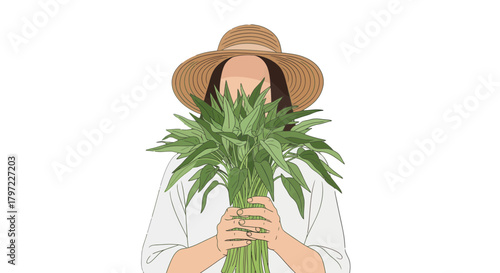 Woman Holding Fresh Green Plants, Wearing a Hat Against a Black Backdrop Illustration
