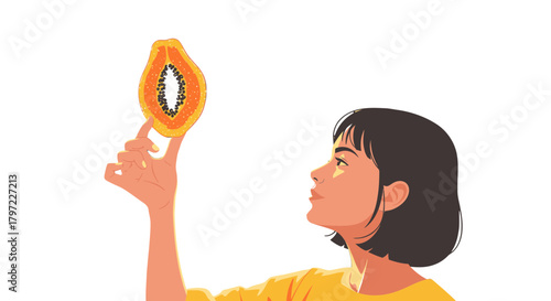 Woman Contemplating A Slice Of Fresh Papaya On A Dark, Minimal Background