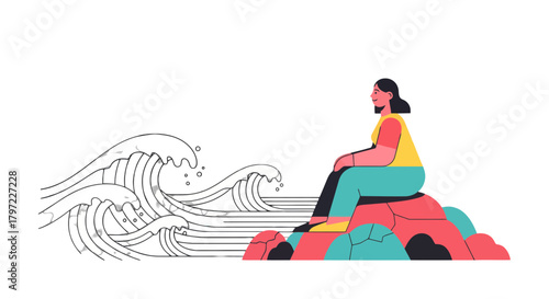 Woman Contemplating The Oceanic Waves, Contemplation, Tranquility, and Calm Reflection