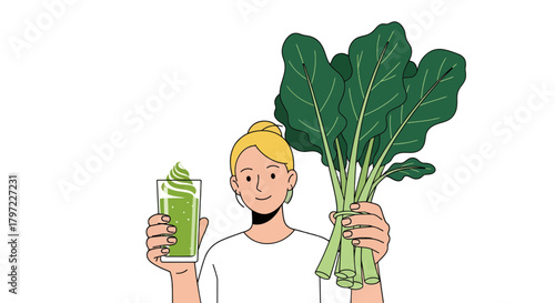 Woman Holding Green Smoothie And Organic Vegetables For Preparing Healthy Meals