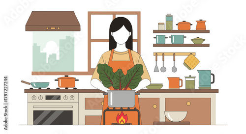 Woman Cooking Fresh Greens in a Modern Kitchen, Healthy Eating Illustration