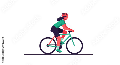 Woman Cycling In Green And Red Outfit, Illustration In Minimalist Style