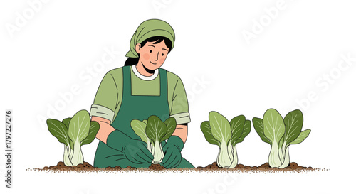 Woman Cultivates Fresh Produce with Care, Showcasing Greenery and Farming Practices