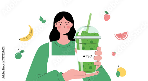 Woman Holding Refreshing Beverage With Floating Fruits, Modern Flat Vector Illustration