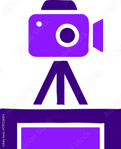 Stylized purple camera icon on a tripod, representing filming and video creation