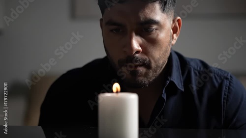Man blowing out a candle in the dark with dramatic lighting.