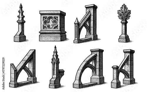 Gothic architectural elements in detailed vintage ink engraving style