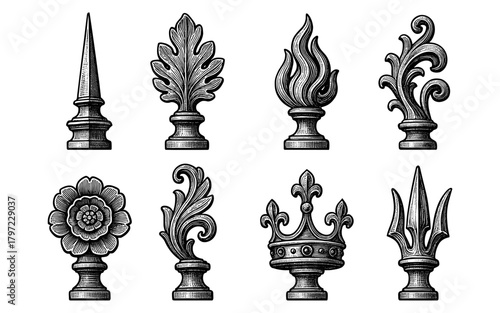 Set of vintage finial designs with ornate decorative elements