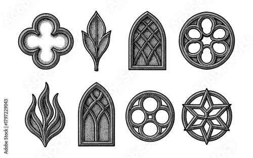 Intricate gothic style architectural elements: window and rosette designs