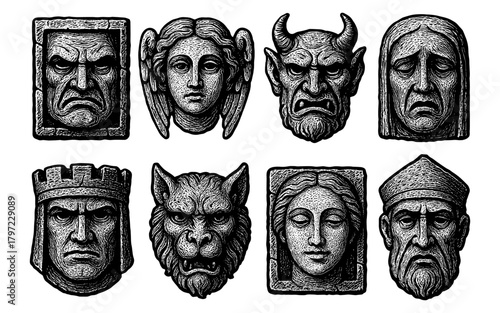 Intricate monochrome gothic faces with medieval and mythical themes