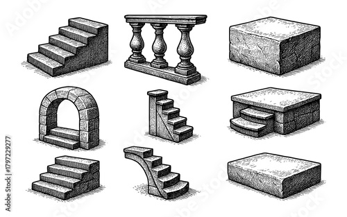 Hand-drawn architectural elements: vintage staircases and structures collection