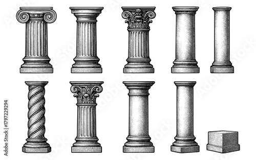 Antique columns: detailed engravings of classical architectural designs