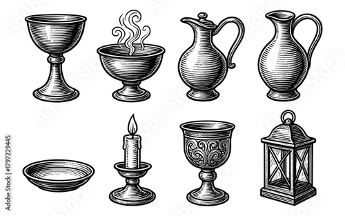 Antique engraved tableware and lantern set in vintage retro style