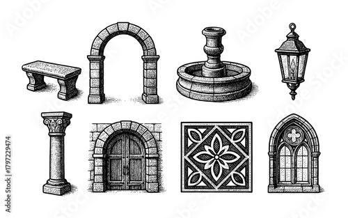Vintage architectural elements set: engraved arches, windows, and columns
