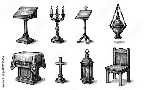 Vintage church furniture and accessories in detailed engraving style