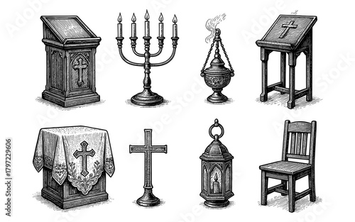 Vintage religious items: crosses, candelabra, and pulpits in detailed engraving style