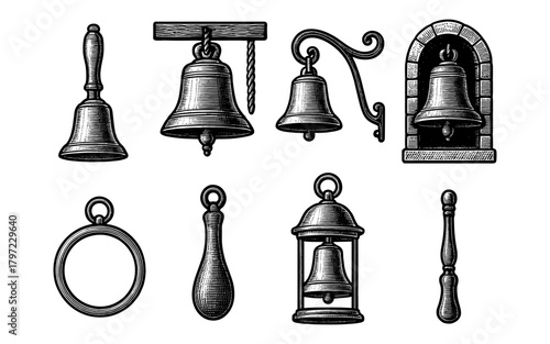Collection of vintage bells and ringers in engraving style