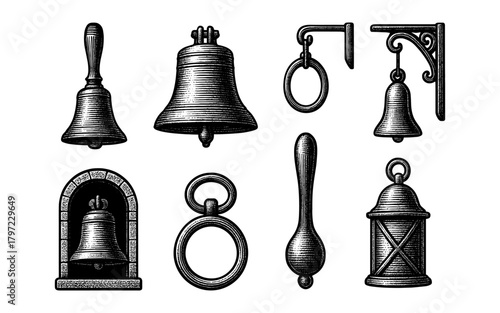 Vintage bell collection: classic handbells and ornamental designs in retro style