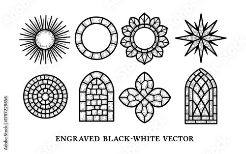 Engraved black and white decorative patterns featuring sunburst and geometric designs