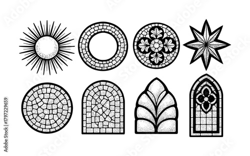 Set of eight vintage stained glass window designs