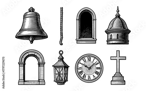Vintage bell tower elements and architectural features in hand drawn style