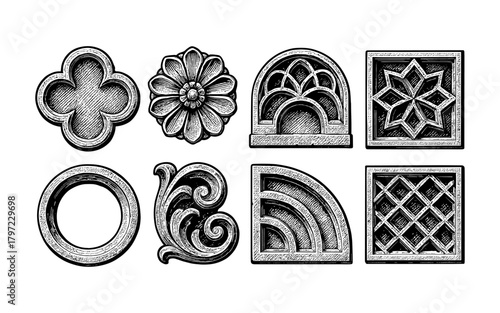 Vintage hand-drawn architectural elements collection in black and white